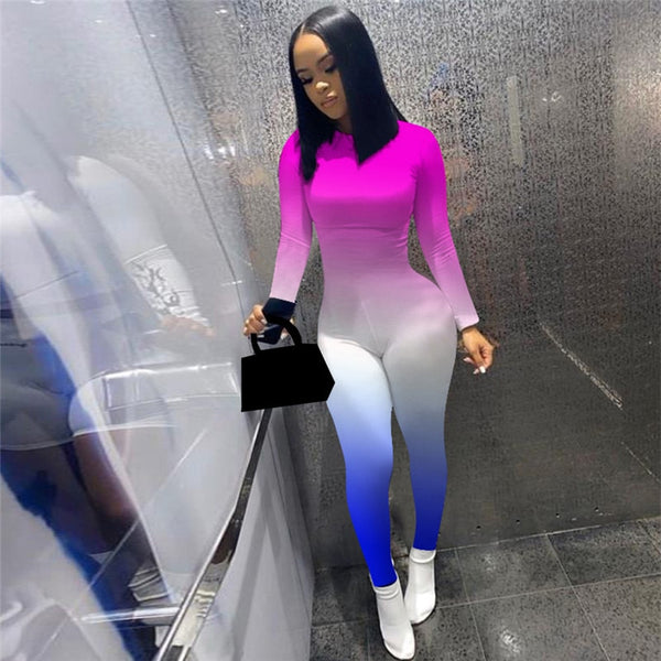 Imcute Gradient Long Sleeve Bodycon Jumpsuit