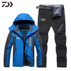 Blue and Black performance wear jacket and black pants