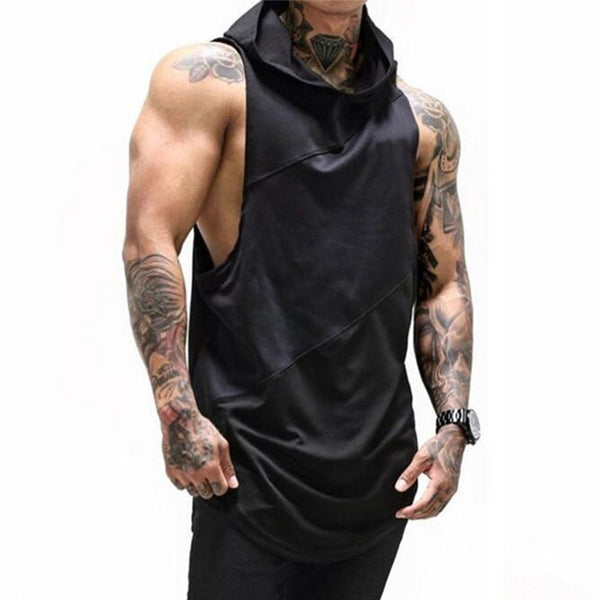 Men's Workout Hooded Tank Tops Bodybuilding Muscle Cut Off T Shirt Hoodie